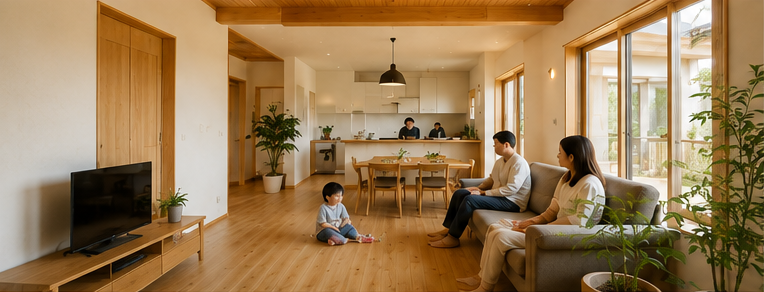 木のぬくもりあふれるHAGA HOMEのリビング。大きな窓から緑が見える明るい空間で家族がくつろいでいる。