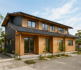 ゆとりある平屋暮らしの注文住宅外観。チャコールグレーの外壁と木の玄関アクセントが落ち着いた印象を与えるシンプルモダンな設計
